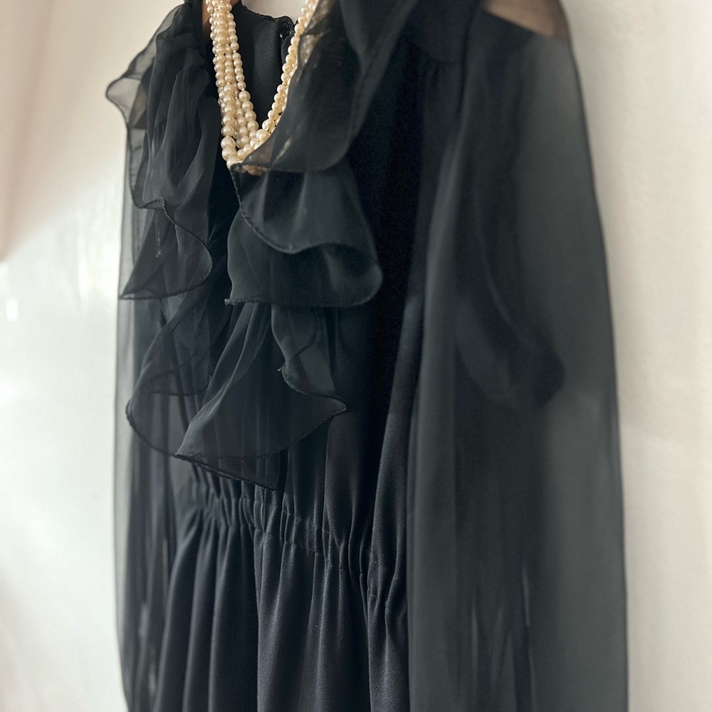 VTG 80s Jumpsuit with Ruffle collar and Sheer Black lace balloon sleeves ruffle